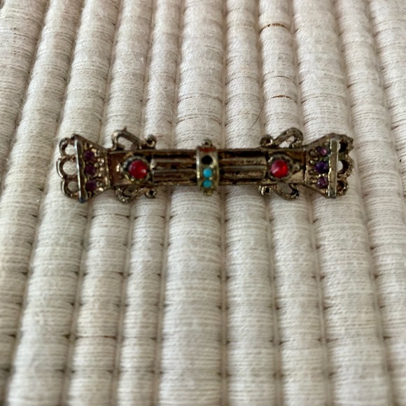 VINTAGE BAR PIN BROOCH SEED BEADS GEMSTONES JEWELRY LAPEL PIN - Picture 4 of 9